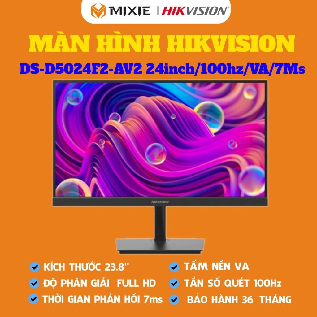 Màn hình HIKVISION DS-D5024F2-AV2, 23.8in, 100Hz, VA, chân vuông, hỗ trợ cổng VGA+HDMI+Audio, BH36T