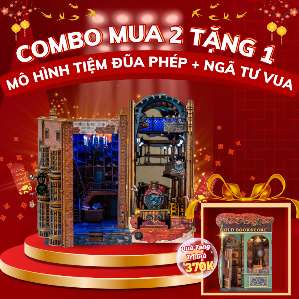 Combo Book Nook Tiệm Đũa Phép & Ngã Tư Vua – Mô Hình DIY LED, Tặng Old Bookstore