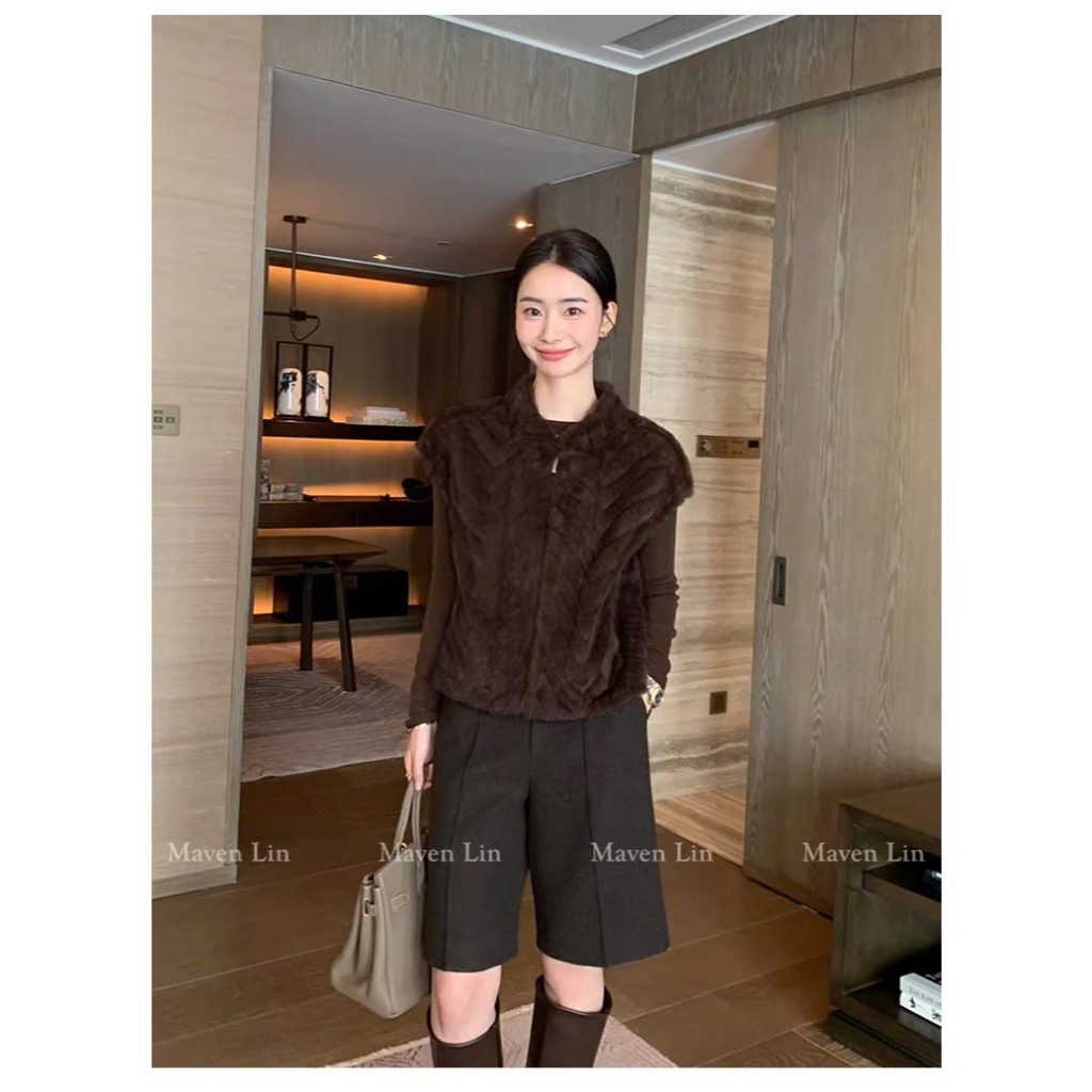 [MAVEN LIN] Áo khoác lông gile nữ - màu nâu cafe