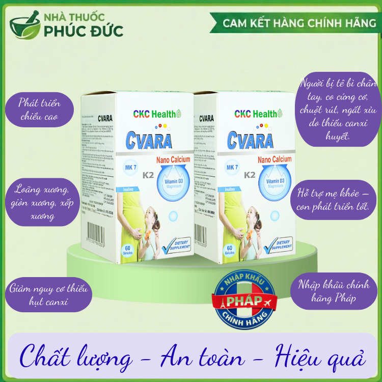 Canxi CVARA Pháp 60 viên/hộp Bổ sung Nano Calcium Carbonate & magnesium + Vitamin D3,K2