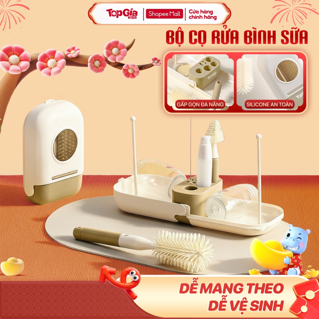 Bộ cọ rửa bình sữa, núm ti Topgiakids cho bé chất liệu silicone an toàn, đa năng, gấp gọn, tiện lợi