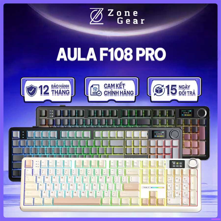 Bàn phím cơ Aula F108 Pro - Bàn phím không dây Fullsize, Led RGB, 3 mode kết nối, Màn hình TFT, Núm xoay chỉnh âm lượng