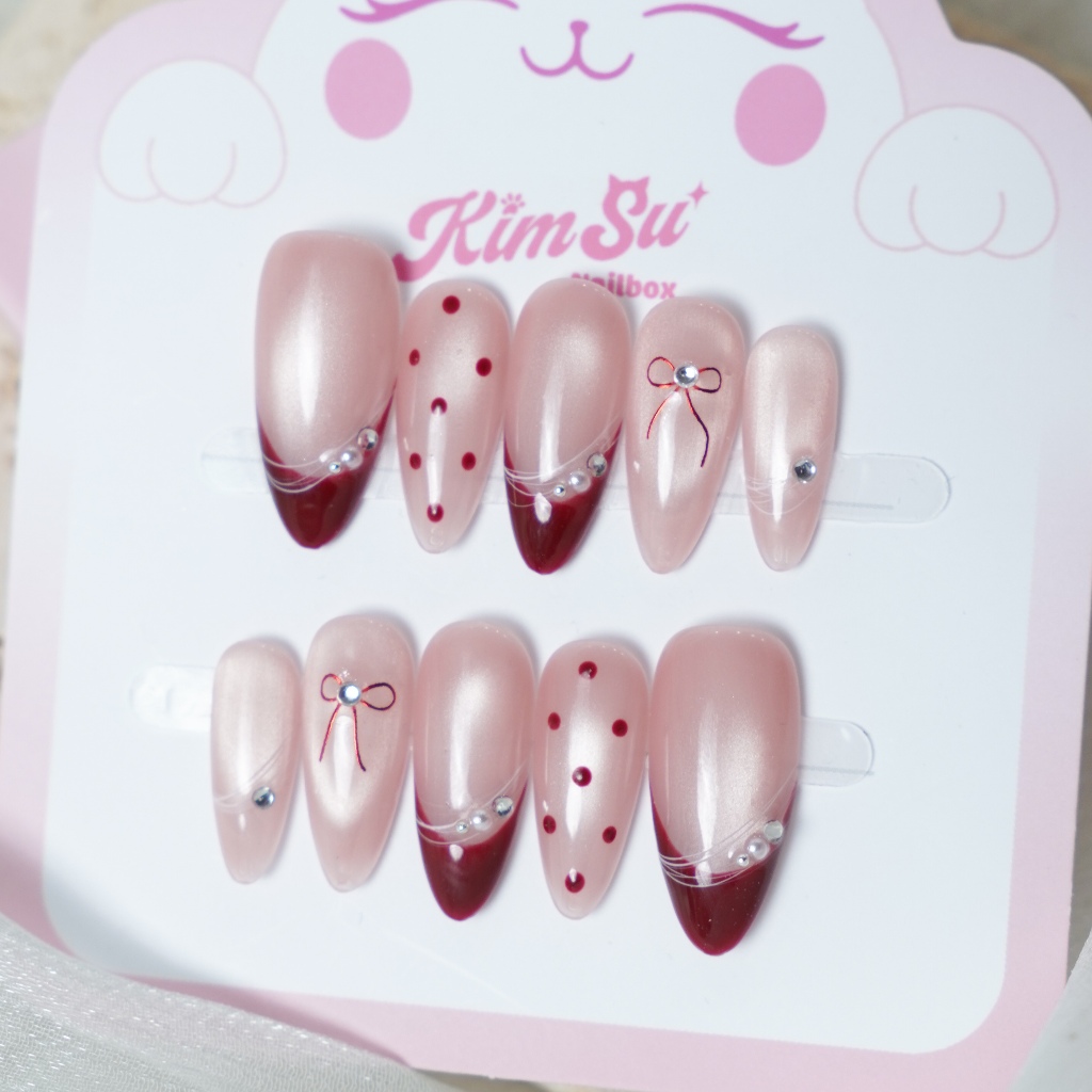 [M241] - Kimsu Nailbox thạch hồng mắt mèo french đỏ (BST Tết 2026)