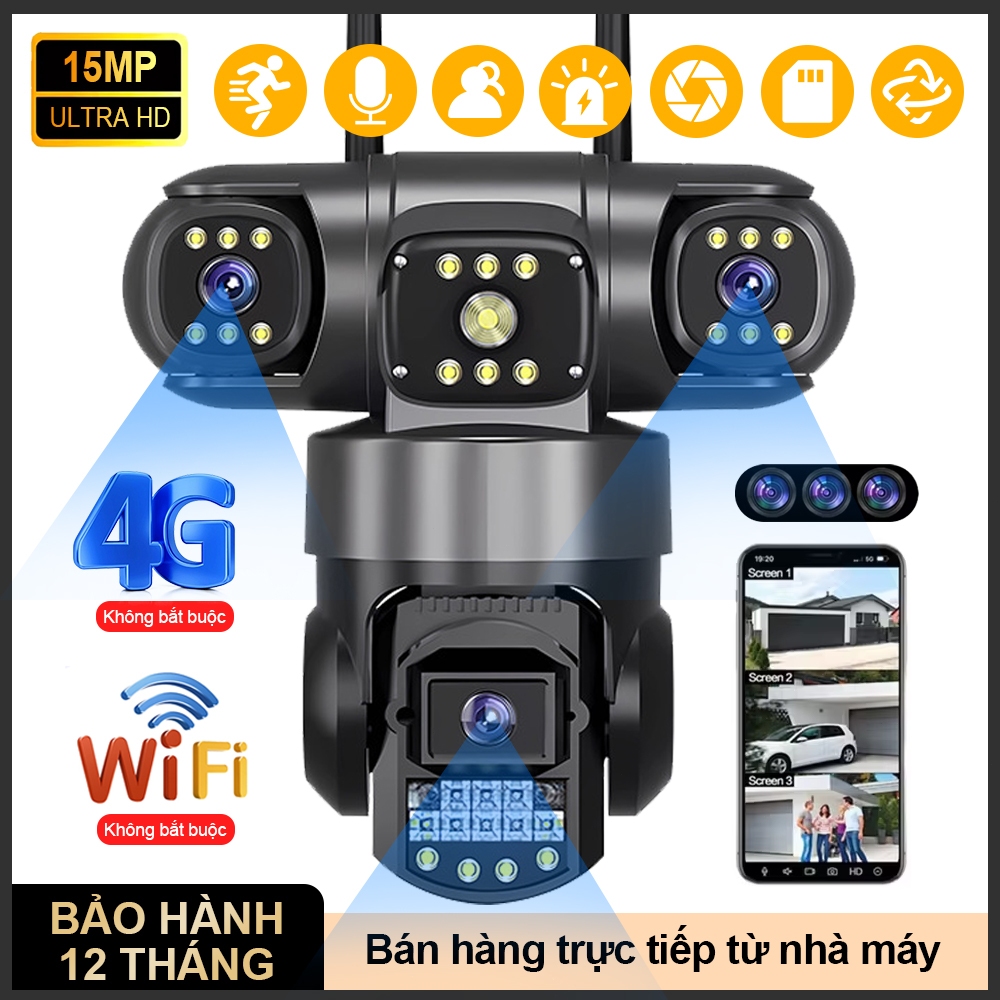 15MP Camera 3 Mắt giám WiFi/4G xoay 360 độ,đàm thoại 2 chiều,Báo Động Chuyển Động,Chống Nước IP66,CCTV Camera