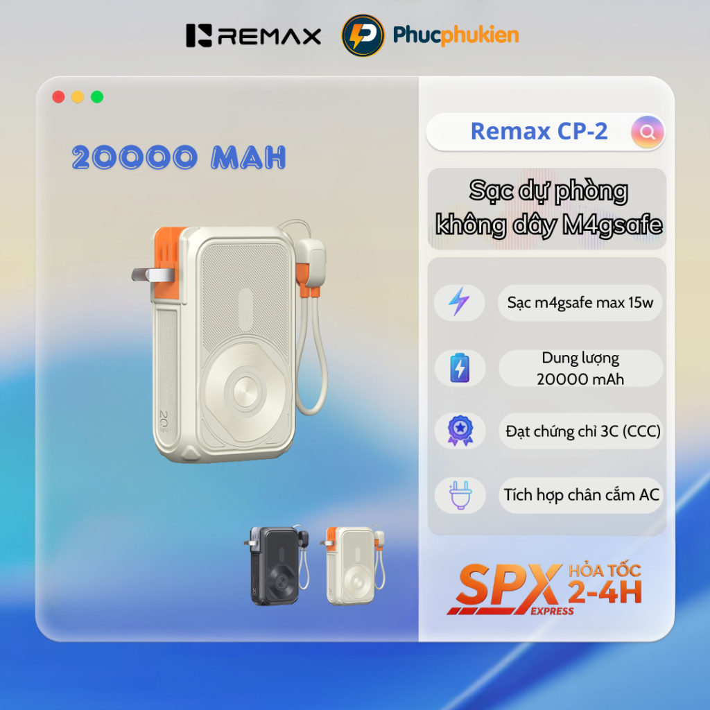 Sạc dự phòng Remax CP-2 – 20000mAh,sạc không dây M4gsafe,tích hợp chân AC,chứng chỉ 3C-Phúc Phụ Kiện