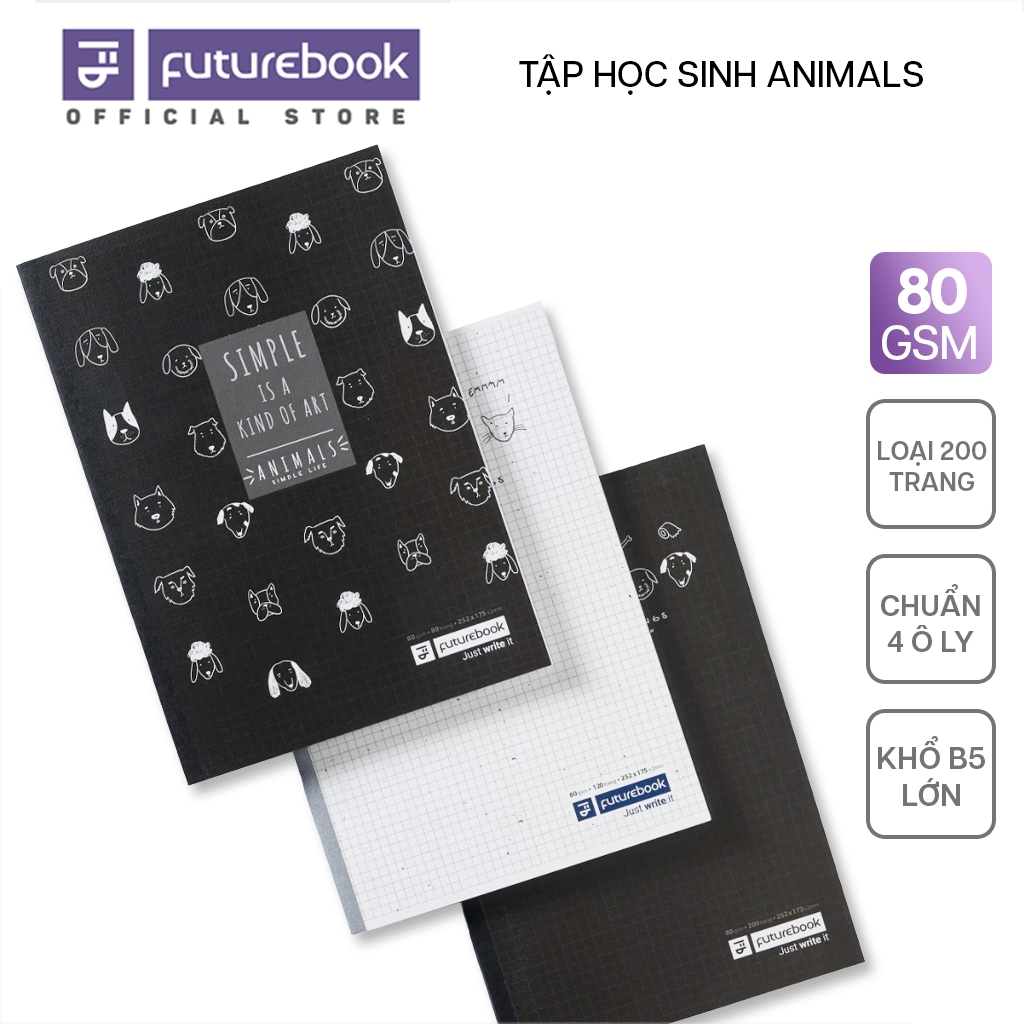 Vở 4 Ô Ly FUTUREBOOK SV ANIMALS Khổ B5 200 Trang 80GSM, Lốc 5 Quyển