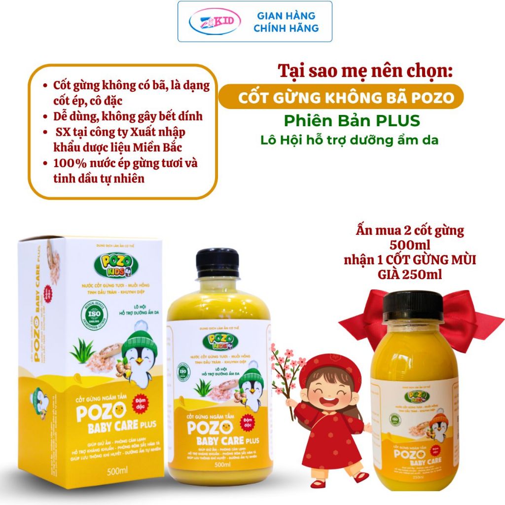 Nước tắm gừng Pozo cốt ép, không bã dùng tắm bé mùa đông chống cảm lạnh - Chai 500ml