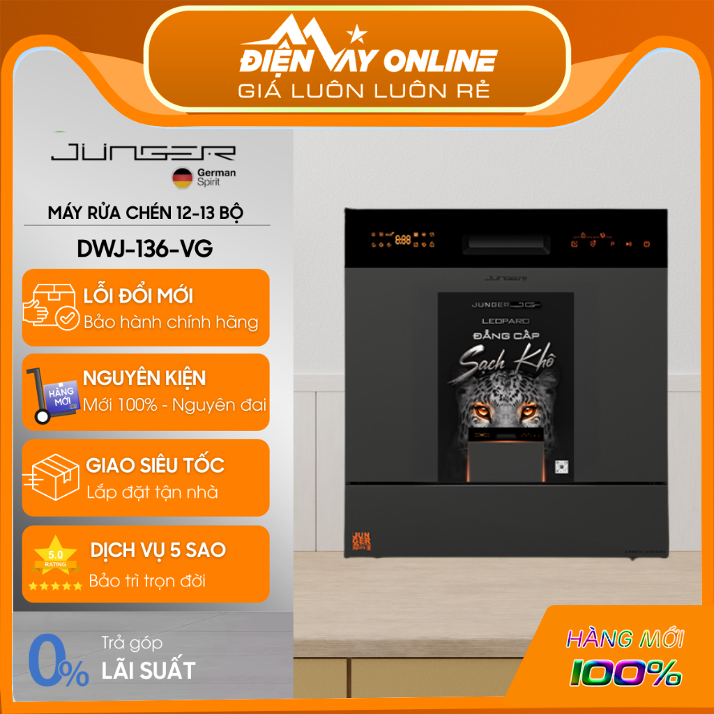 [CHÍNH HÃNG] Máy Rửa Chén Bát Junger JG Leopard DWJ-136-VG 13 bộ, Sấy Độc Lập, 8 Chức Năng