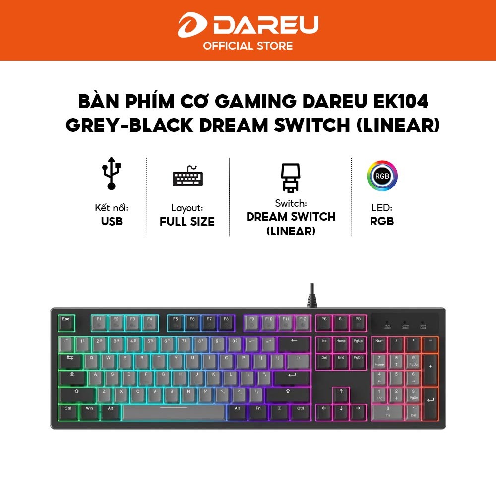 Bàn phím cơ Gaming DAREU EK104 Grey-Black Dream Switch - LED RGB 2 bên - Bảo hành 24 tháng