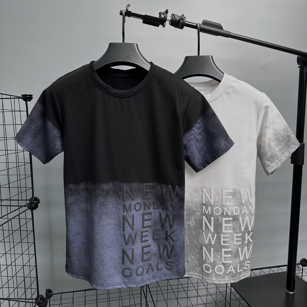 P83 Áo thun nam tay ngắn cổ tròn vải cotton loang co giãn phối chữ in thời trang màu đen màu trắng