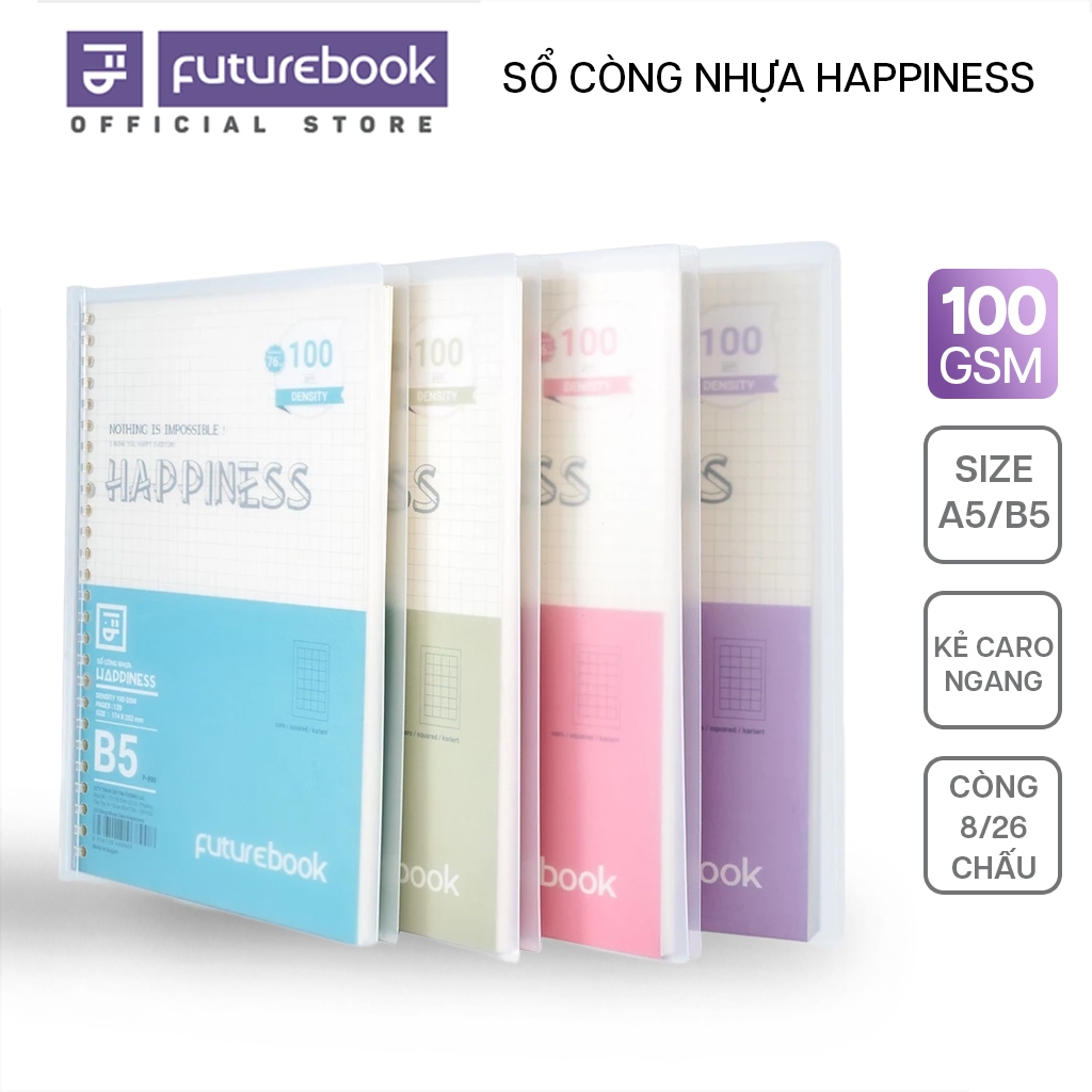 Sổ Còng Nhựa FUTUREBOOK size A5/ B5 8 chấu 26 chấu Caro/ Kẻ ngang 120 trang 100GSM - Happiness