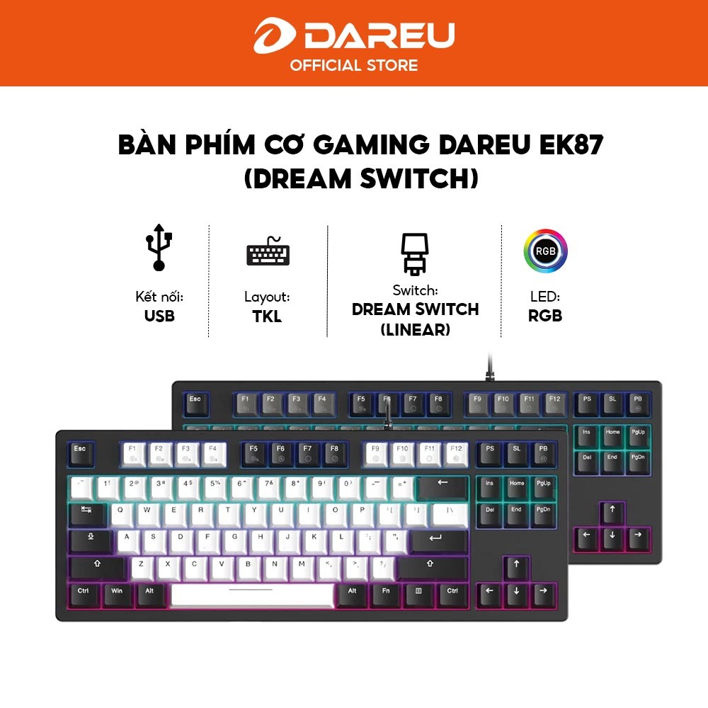 Bàn phím cơ DAREU EK87 v2 Gray-Black - Dream Switch - Layout TKL 87 phím - LED RGB - Bảo hành 24T