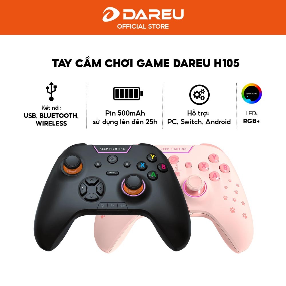 Tay cầm chơi game DAREU H105 Black - Kết nối Triple Mode - Pin 930mAh - LED RGB - Bảo hành 12 tháng