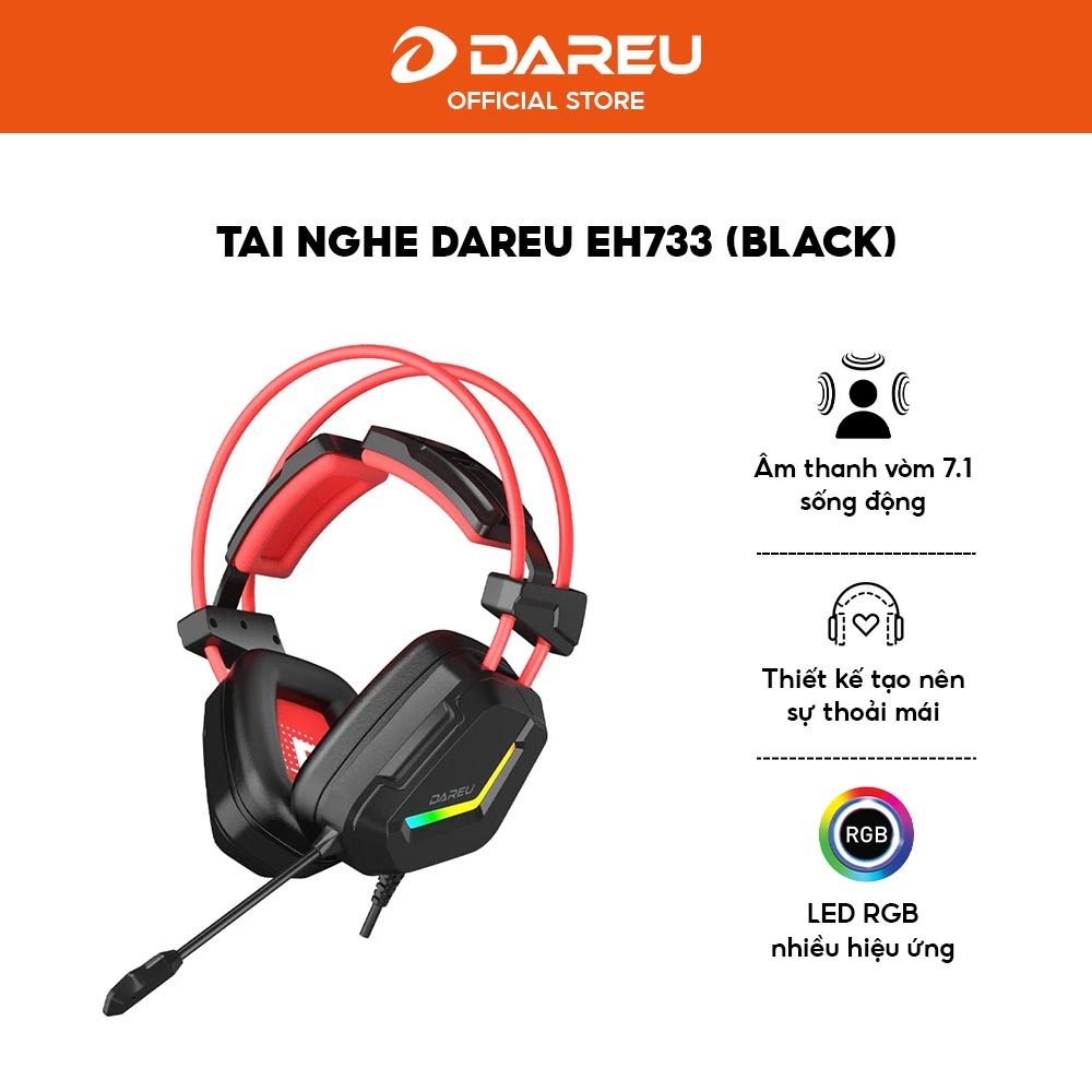 Tai nghe Gaming DAREU EH733 Black - Âm thanh giả lập 7.1 - Driver 50mm - LED RGB - Bảo hành 12 tháng