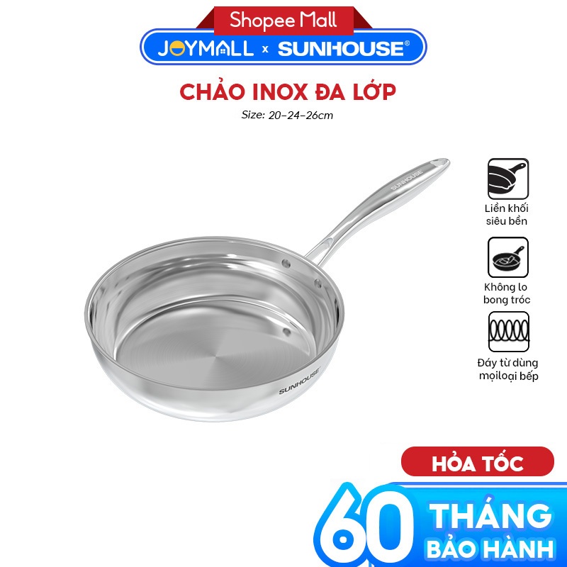 Chảo Inox Đa Lớp Sunhouse, IN26M6E, Hàng Chính Hãng, Nhiều Kích Cỡ, Tay Cầm Cách Nhiệt - JoyMall