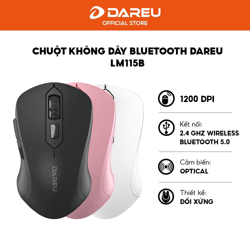 Chuột không dây Bluetooth DAREU LM115B - Dual Mode - 1600 DPI - Silent Switch - Bảo hành 24 tháng