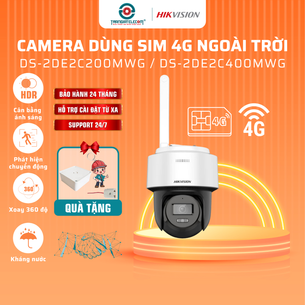Camera IP Mini PT sim 4G Hikvision DS-2DE2C400MWG-4G ngoài trời, Đàm thoại 2 chiều - TRANGIATELCOM