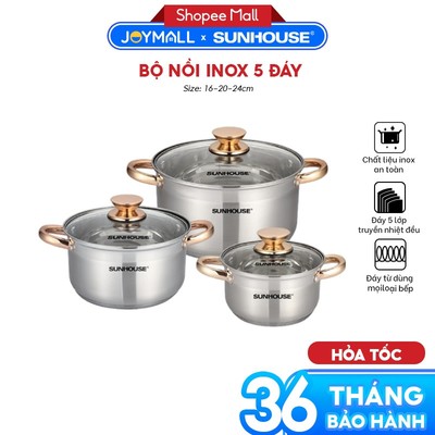 Bộ 3 Nồi Inox 5 Đáy Sunhouse SH78116cm-20cm-24cm, Hàng Chính Hãng, Đáy Từ Dùng Mọi Bếp - JoyMall