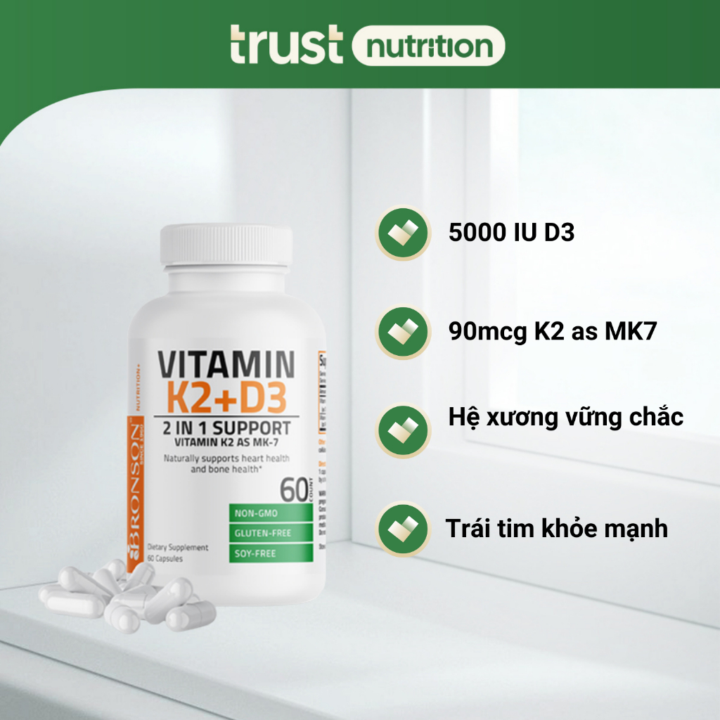 Viên uống Bronson Vitamin K2 + D3, Vitamin K2 as MK-7, hỗ trợ xương khớp, đề kháng