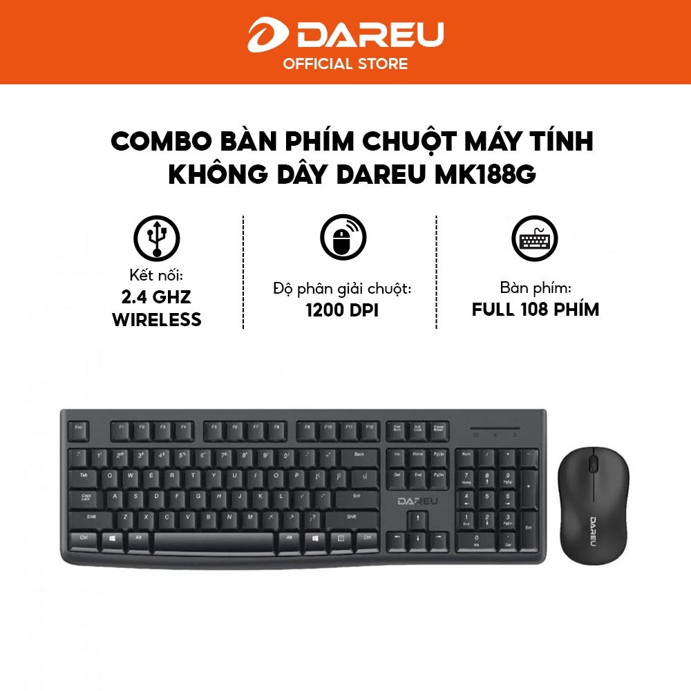 Combo bàn phím chuột không dây DAREU MK188G Black - Kết nối 2.4GHz - Full-size - Bảo hành 24 tháng