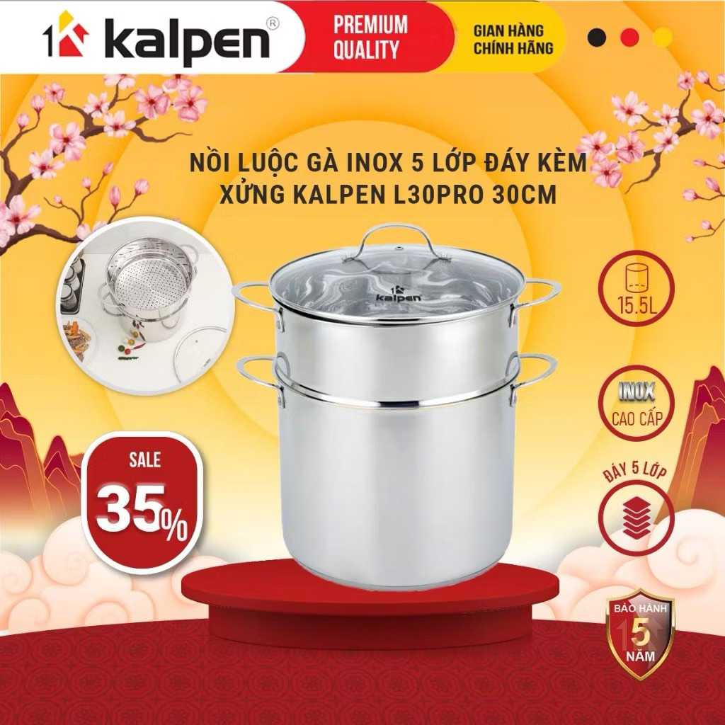 Nồi luộc gà kèm xửng hấp 30cm Kalpen HỎA TỐC L30PRO 30cm inox 304, nồi hấp inox luộc gà bếp từ chính