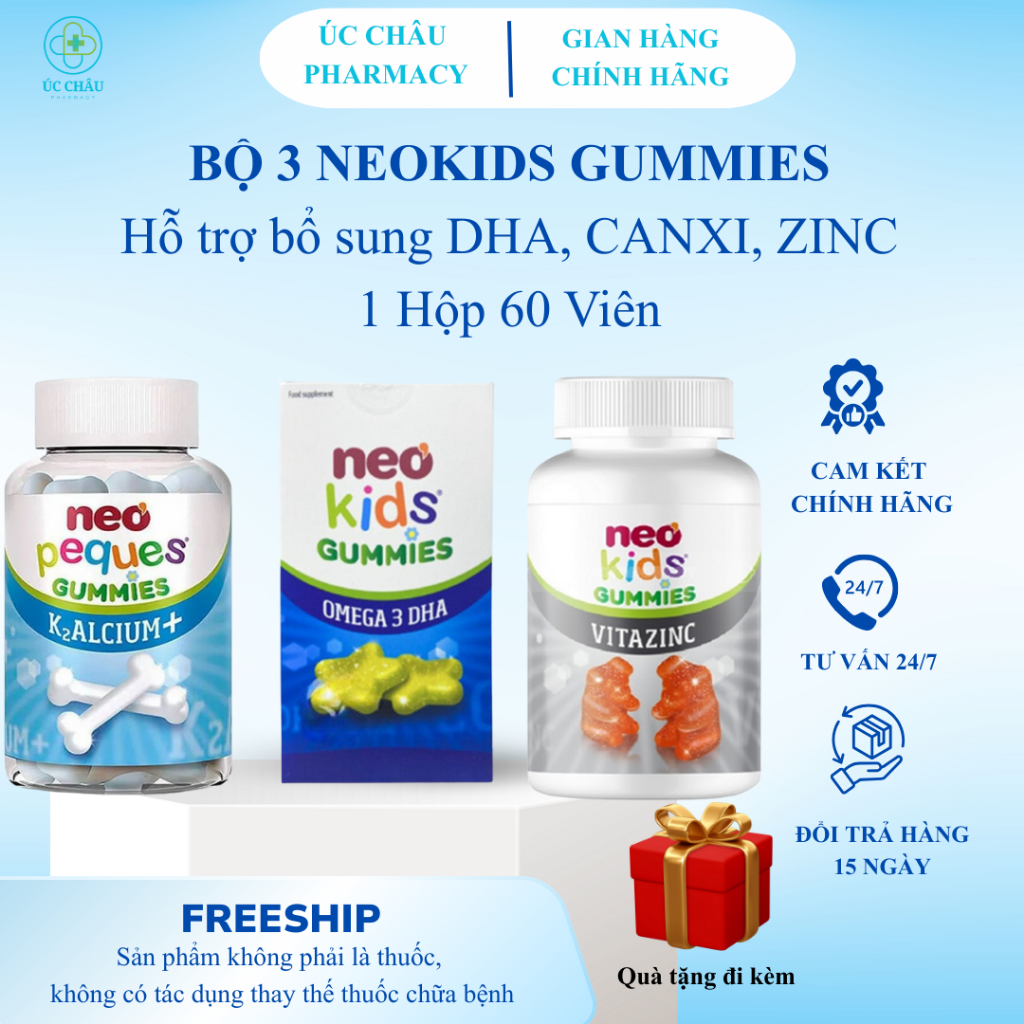 Gummies Neo kids Kẹo dẻo Canxi, Neo Kids ZinC bổ sung kẽm, Neo Kids Omega 3 DHA cho bé