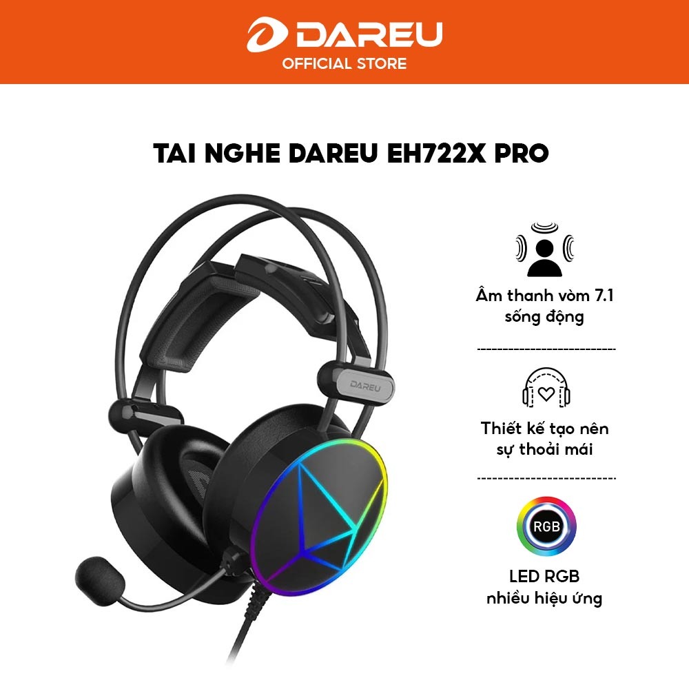 Tai nghe Gaming DAREU EH722X PRO Black - Âm thanh giả lập 7.1 - Chip BBH621 - Bảo hành 12 tháng