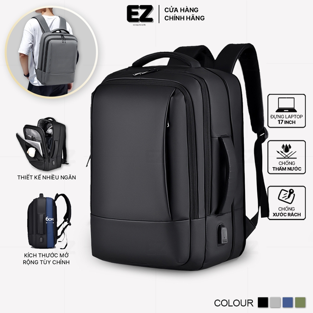 Balo laptop chống sốc chống nước cao cấp kích thước lớn EZ BALO BLA01 có cổng sạc USB , Balo đựng laptop 15.6 17 inch