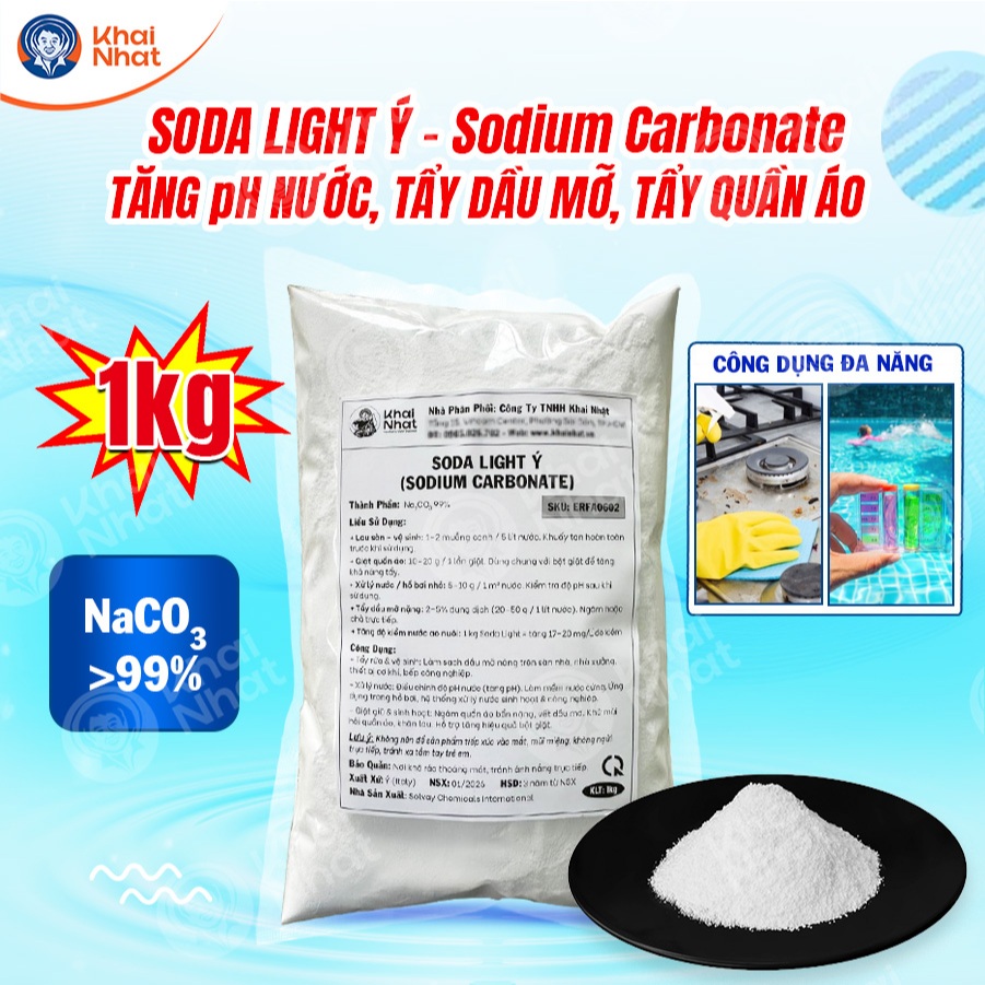 Bột Soda Light  Ý- Na2CO3 99% -Tăng pH Hồ Bơi, Soda Tẩy Rửa, Soda Công Nghiệp Làm Mềm Nước (1kg/gói)