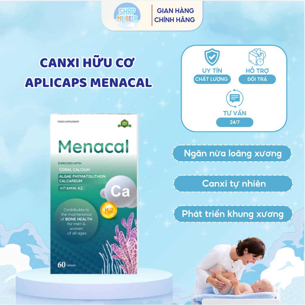 Canxi Tảo Biển MENACAL Bổ Sung Canxi Dễ Hấp Thu, Không Nóng Táo Cho Mẹ Bầu, Sau Sinh Hộp 60 Viên