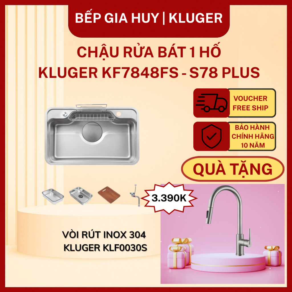Chậu rửa bát 1 hố inox 304 Kluger KF7848FS – S78 Plus, Tặng kèm Vòi rửa bát Kluger KLF0030S