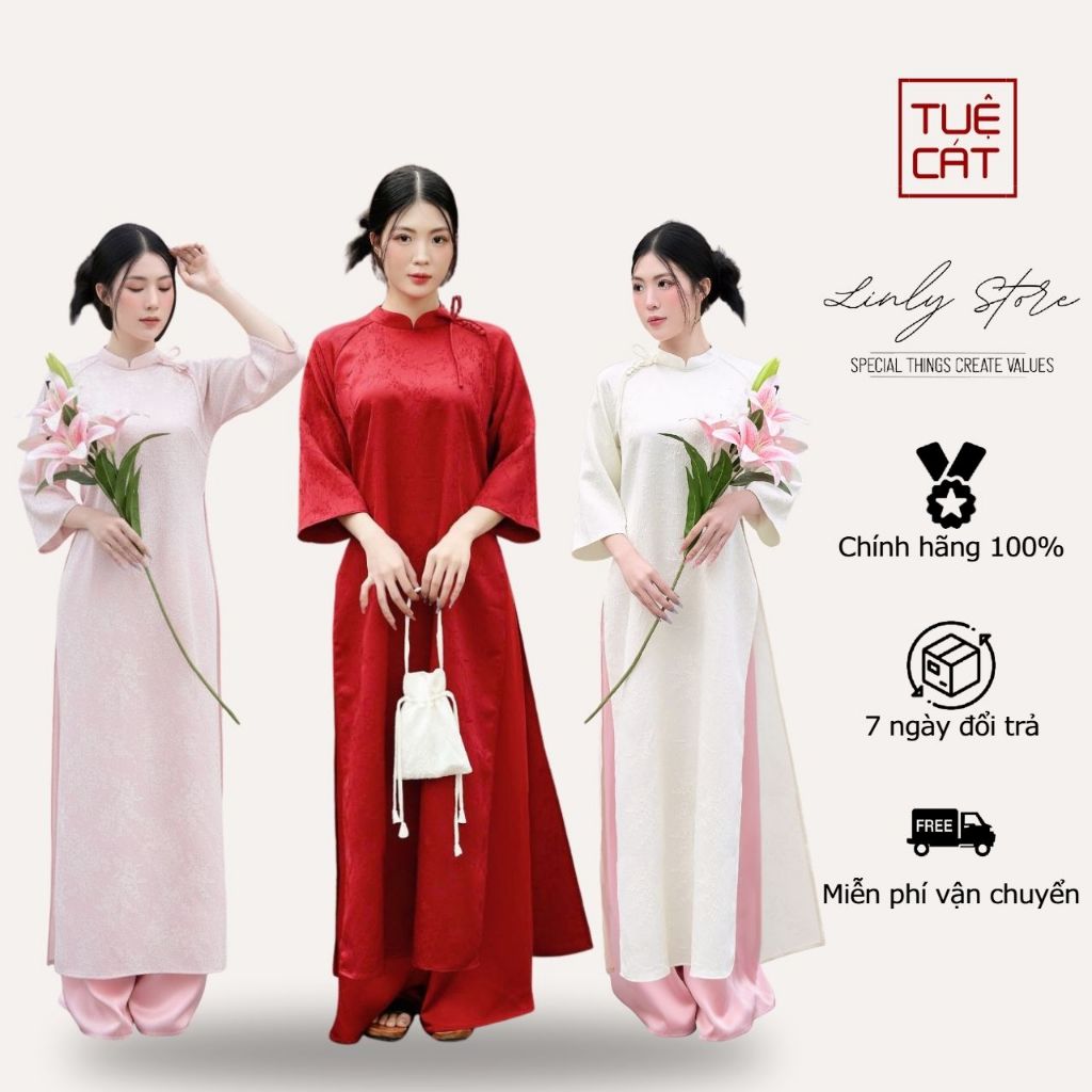 Set áo dài Tuệ Cát, áo dài gấm và quần lụa phối nơ mặc Tết Linly Store