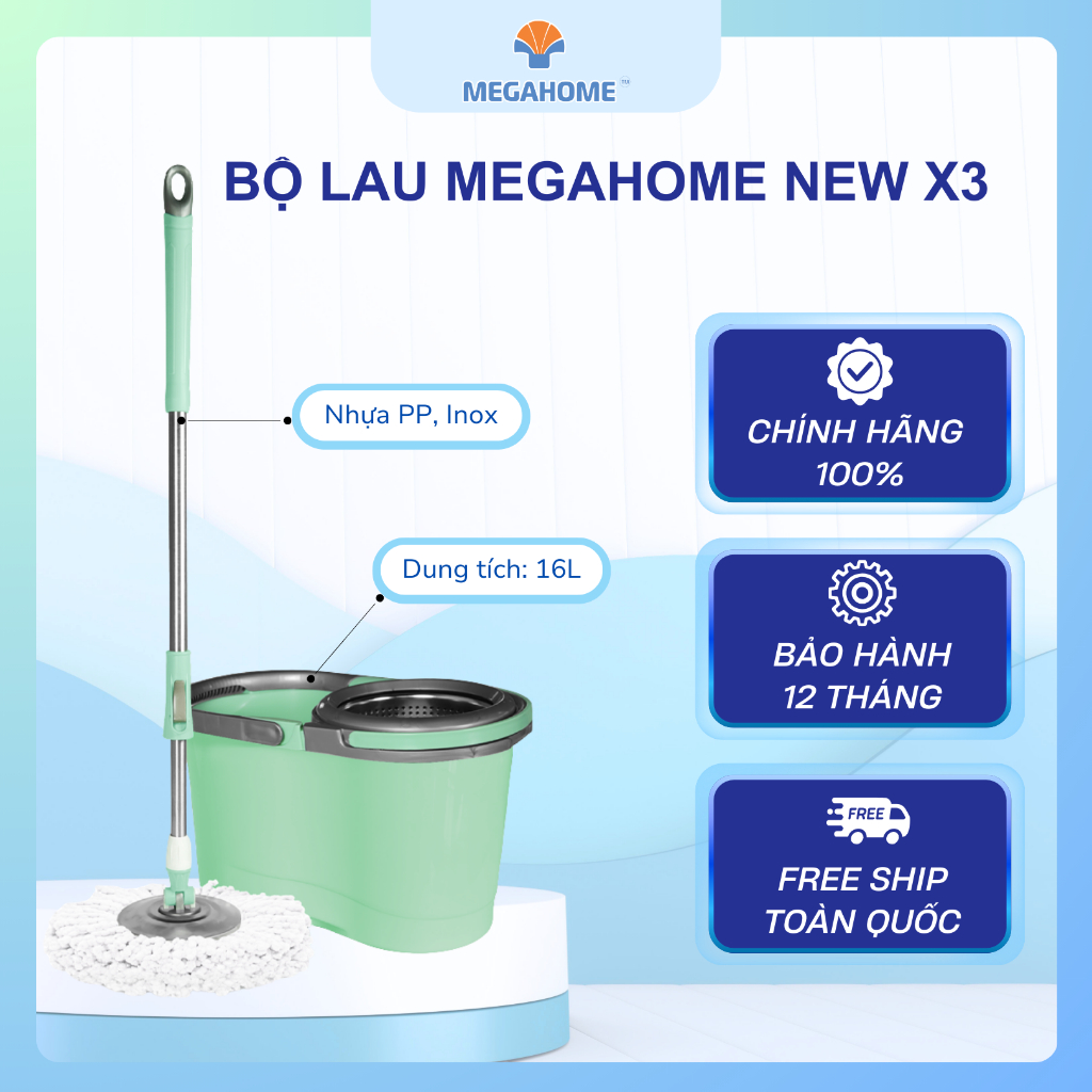 [Tặng 1 bông lau] Bộ Lau Nhà Megahome X3 New dung tích 16L, mâm lau inox, xoay 360 độ