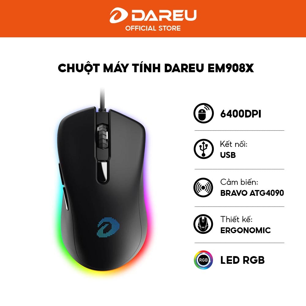 Chuột gaming DAREU EM908X Black - Optical Switch 50M - Cảm biến Bravo ATG4090 - Bảo hành 24 tháng