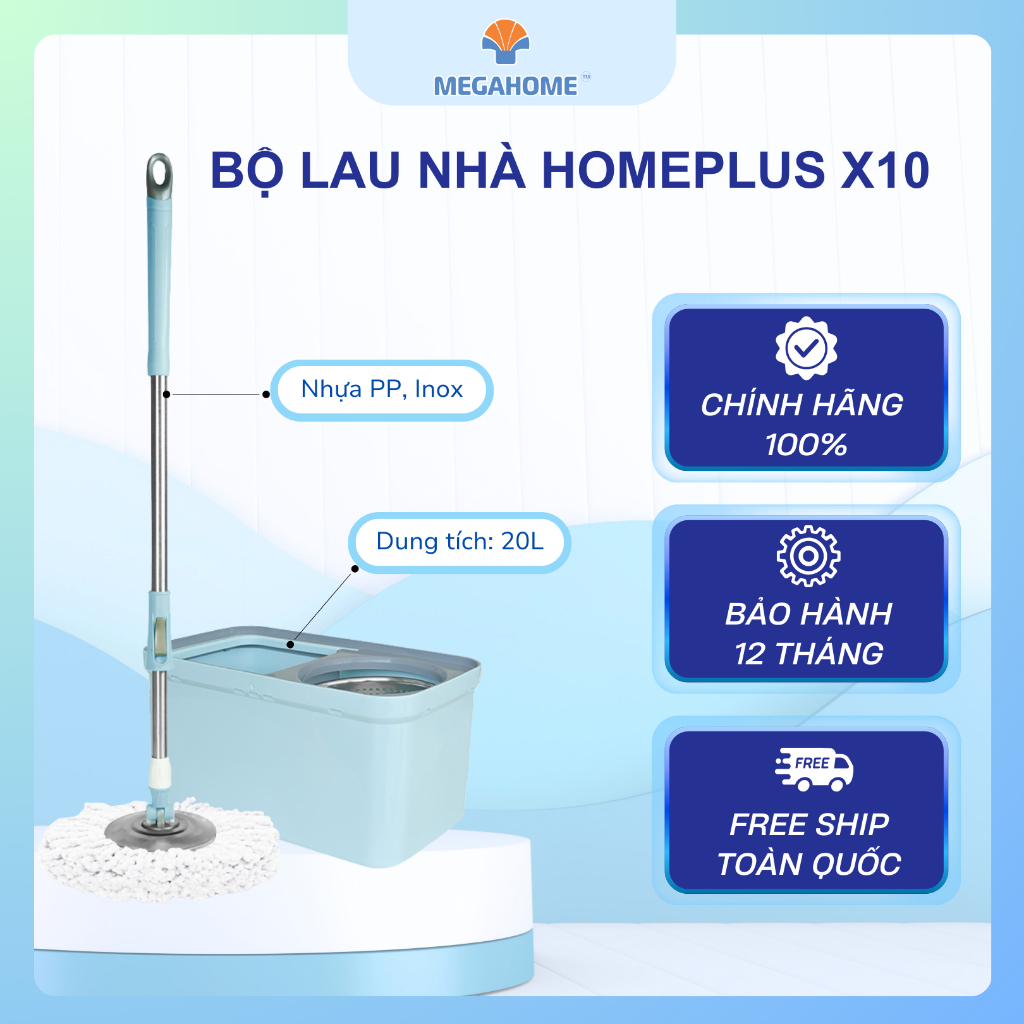 [Tặng 1 bông lau] Bộ lau nhà Megahome Homeplus X10 thùng lau vuông sang trọng, cây lau siêu nhẹ