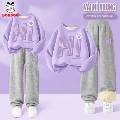 Bộ nỉ lót lông cho bé gái BOBDOG, quần áo bé gái chất vải nỉ nhung dày ấm in hình HI cute RU1-KS65