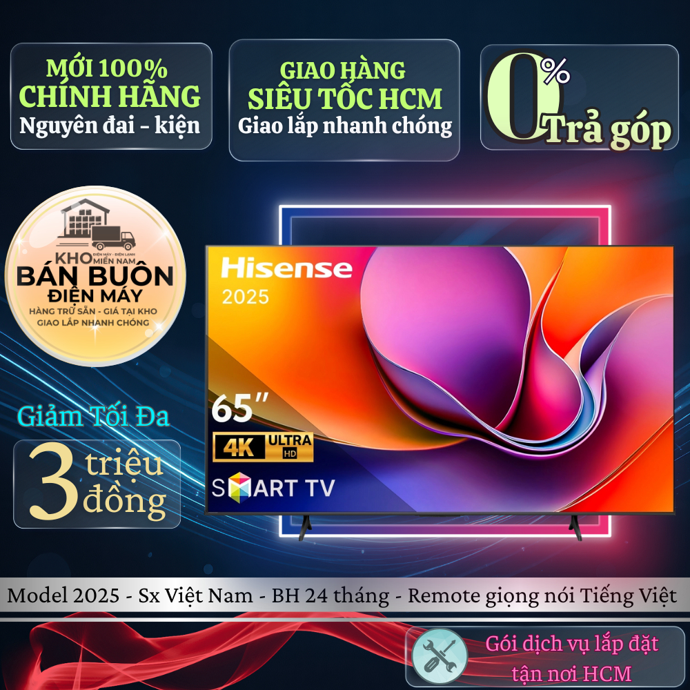 65A6Q Smart Tivi Hisense 4K 65 inch 65A6Q mẫu mới 2025, tìm kiếm giọng nói qua ứng dụng Vidaa