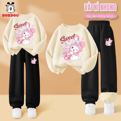 Set đồ bé gái BOBDOG, bộ nỉ lót lông cho bé gái chất nỉ nhung dày ấm in hình BST thỏ cute RU1-KS71
