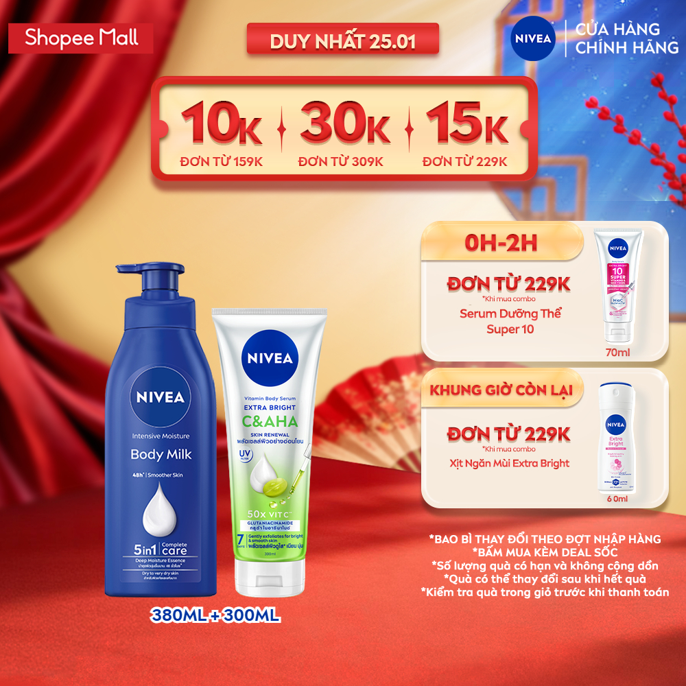 Bộ 2 Sữa Dưỡng Thể NIVEA Dưỡng Ẩm Chuyên Sâu (380 ml) & Tinh Chất Dưỡng Thể NIVEA Vitamin C&AHA (300