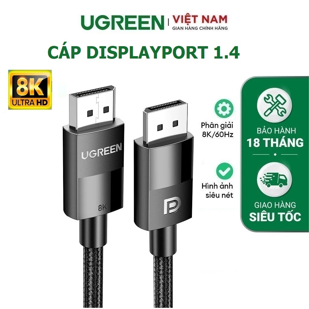 Cáp Displayport 1.4 hỗ trợ 8K/60Hz, 4K/240Hz, 2K/240Hz chính hãng Ugreen DP114 cao cấp  (80391/80392