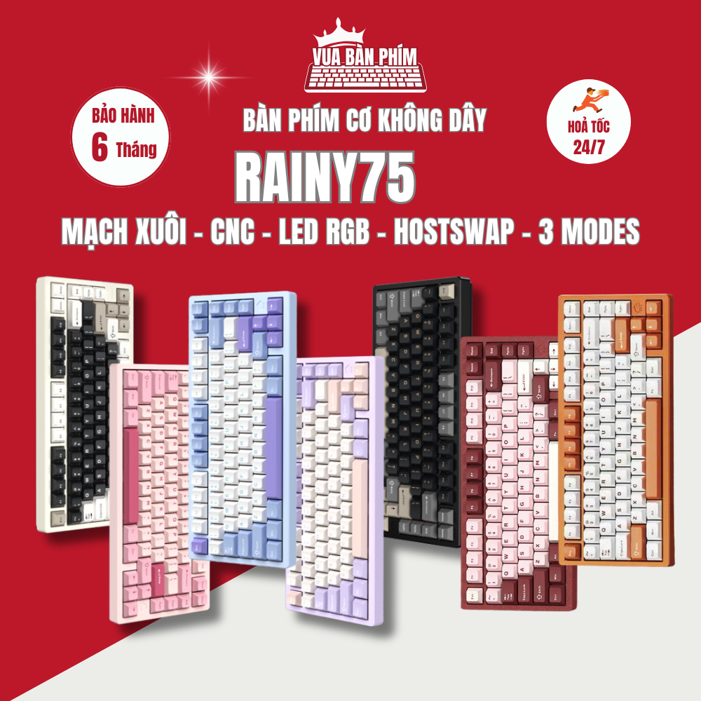 [Hàng Sẵn] Bàn phím cơ không dây Rainy75 | rainy 75 nhôm CNC, mạch xuôi, 3 modes, leg rgb , hostswap, keycap pbt