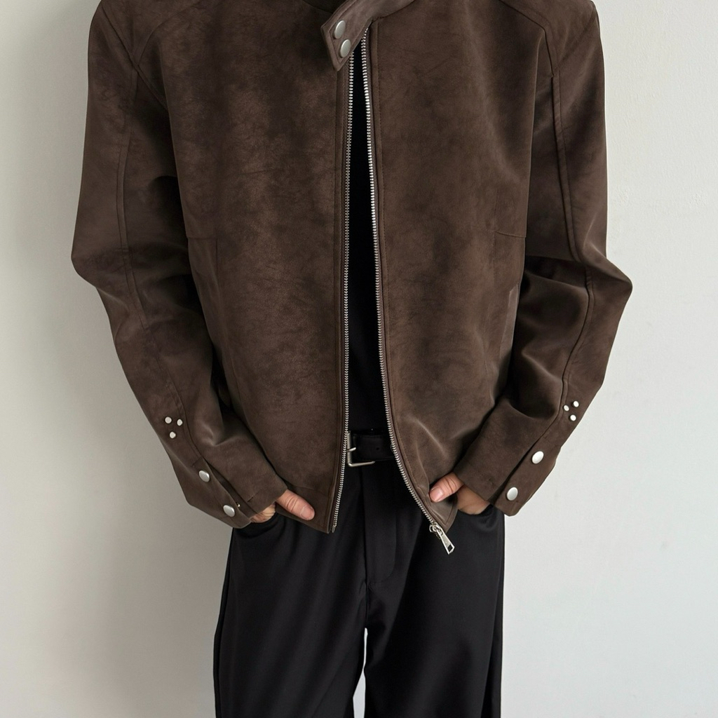 Áo Khoác Da Lộn Nam Cổ Trụ Phối Nút Bấm Cao Cấp - Phong Cách Bomber Racer Jacket Hàn Quốc Cá Tính