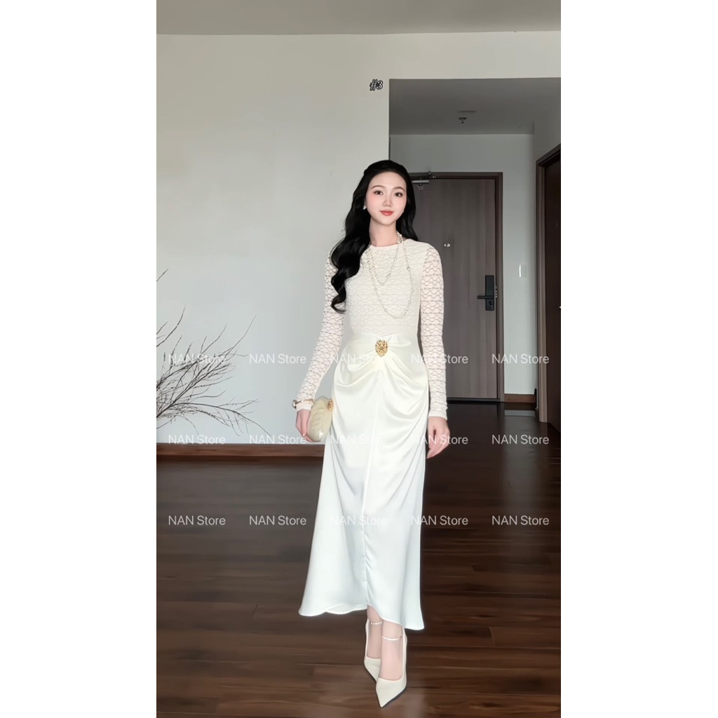 NAN Store -  (Tặng kèm tag) Váy ren thiết kế phối chân lụa dài tay dáng dài