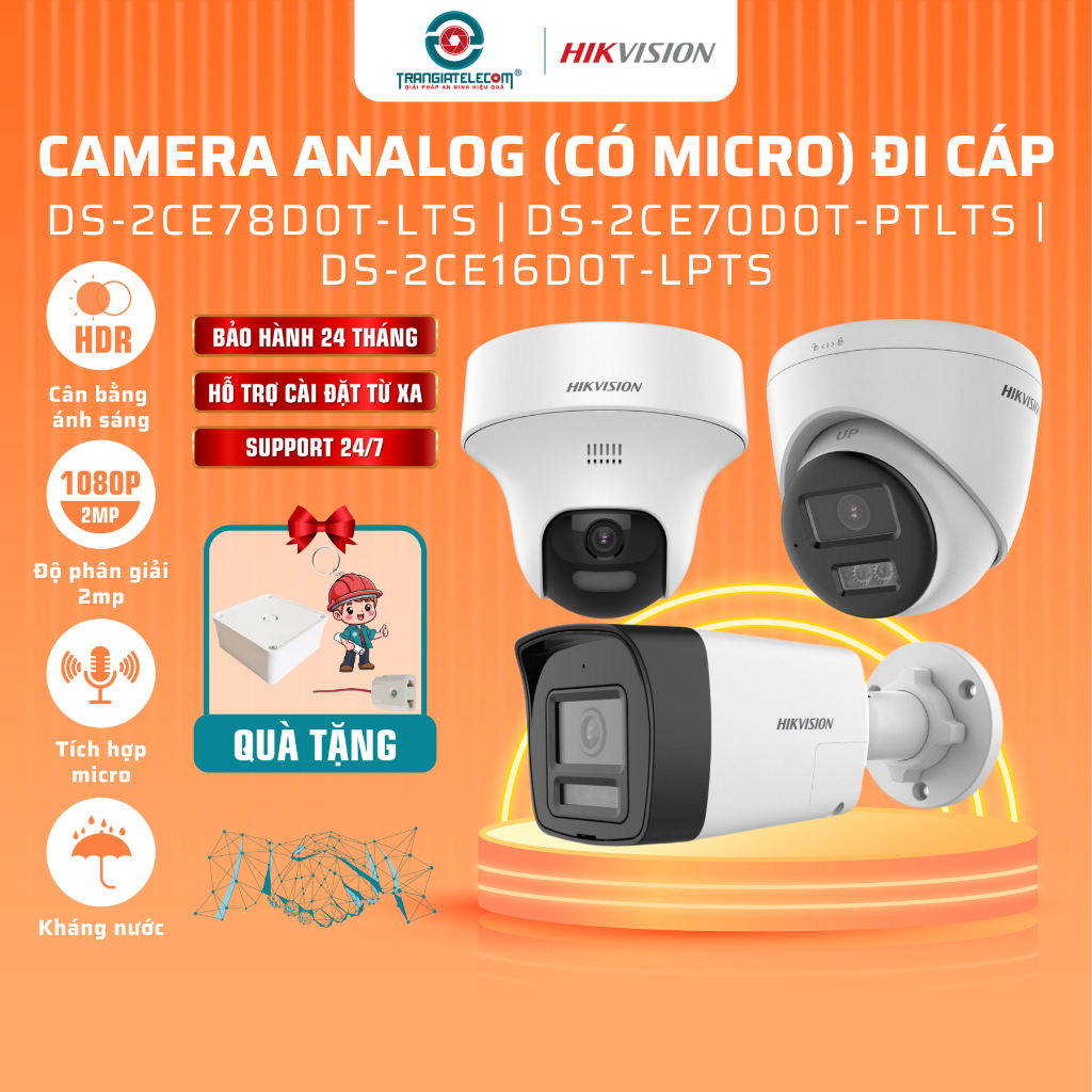 Camera Analog HIKVISION Hồng Ngoại 2MP Trong nhà | Ngoài trời Có micro, Chống nước - TRANGIATELECOM