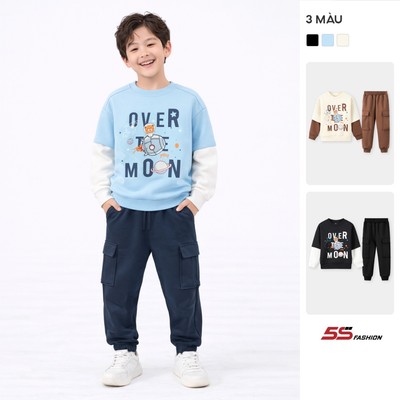 Bộ Nỉ Bé Trai 5S Fashion Dày Dặn Tay Layer In Họa Tiết Năng Động BBNI25006