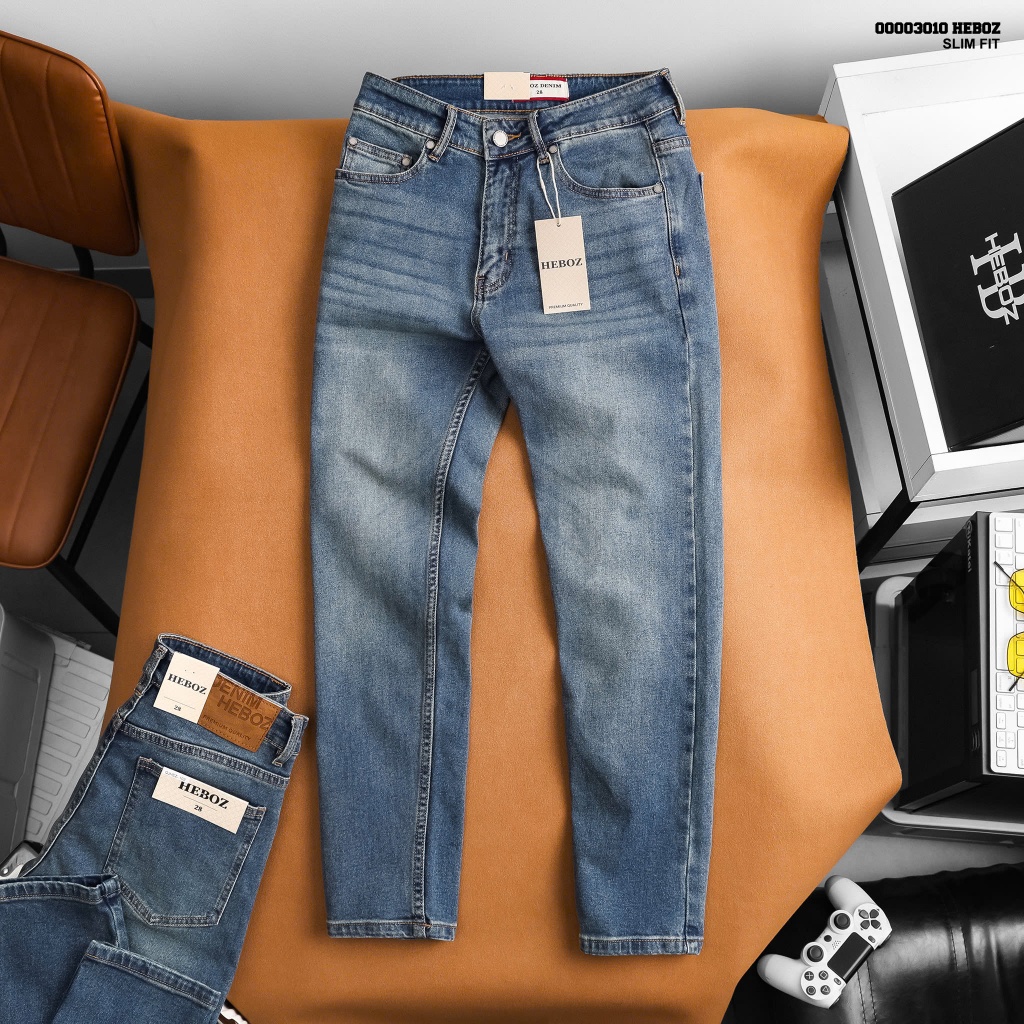 Quần jean nam Heboz dáng slim trơn D103, quần denim wash dài basic - 00003010