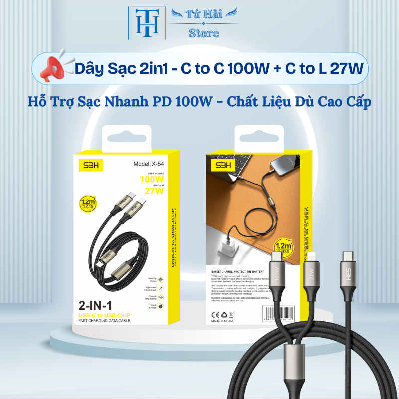 Dây Sạc 2 trong 1 SBH X54 – Hỗ trợ C to C 100W + C to Lighting 27W – Dây Bọc Dù + 2 Đầu Hợp Kim