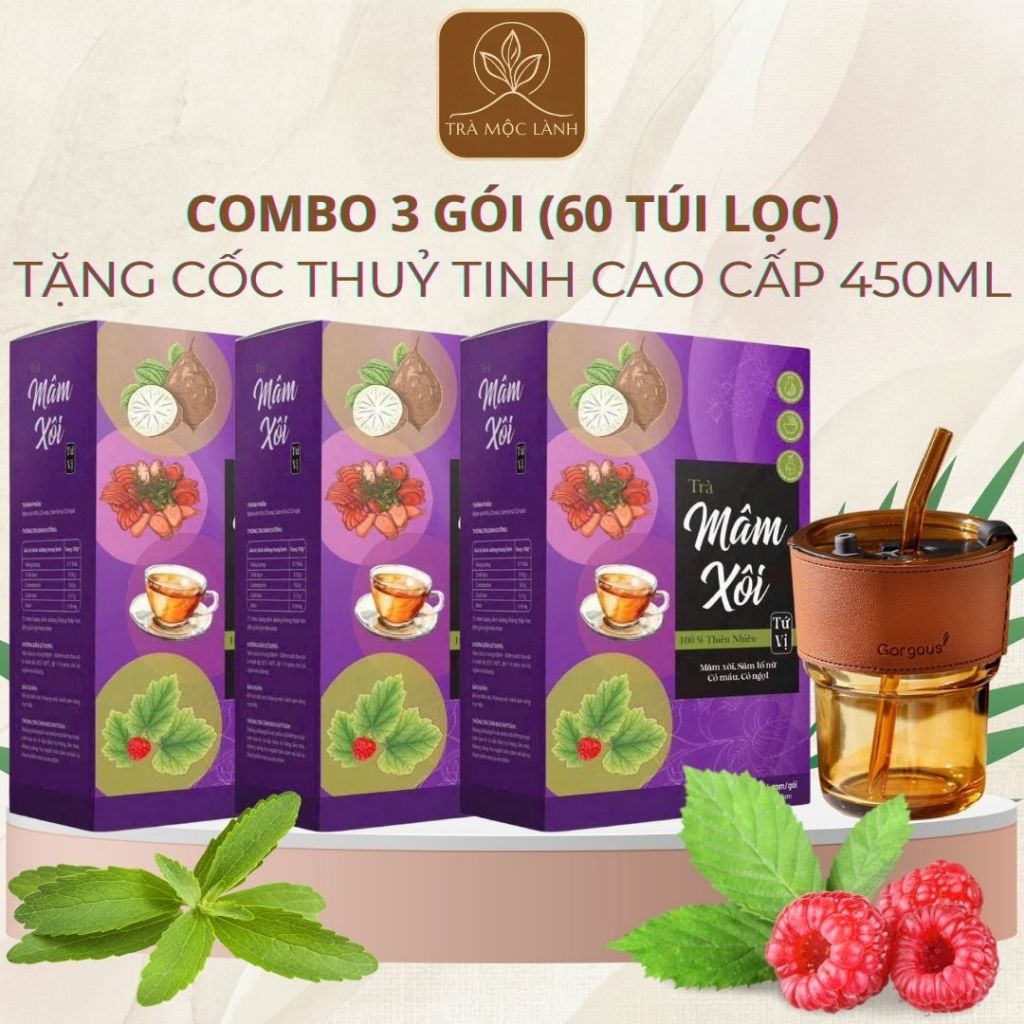 (TMX-03) Combo 3 Trà Mâm Xôi Tứ Vị - Lá Mâm Xôi, Sâm Tố Nữ-Trà Đậm Vị Thơm Ngon 20 Túi-Trà Mộc Lành