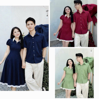 (Hàng sẵn- có bigsize nam nữ ) Set đồ đôi - Áo váy cặp đôi sơ mi đỏ phối viền trắng mặc giáng sinh Tết