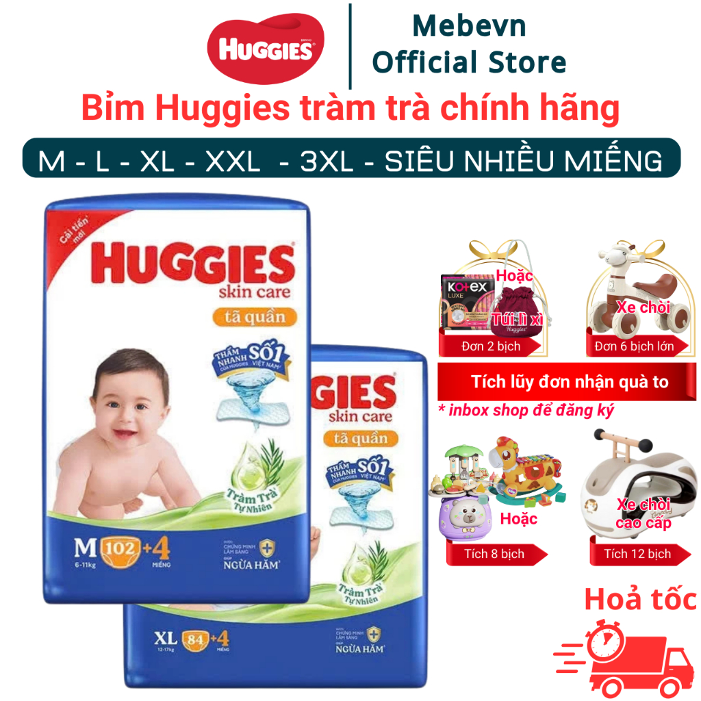 Bỉm Huggies Tràm Trà Chính Hãng, Huggies tràm trà siêu nhiều miếng đủ size M/L/XL/XL/XXL/XXXL